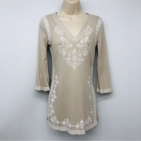 INC International Concepts Tan White Mosaic Print Tunic - Picture 4 of 16